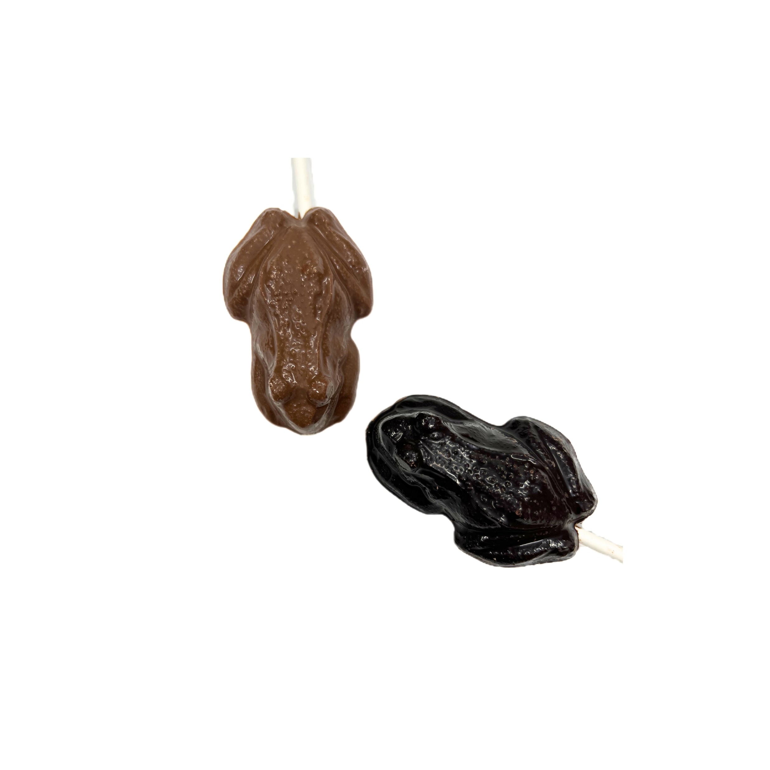 Two frog-shaped lollipops on a white background.