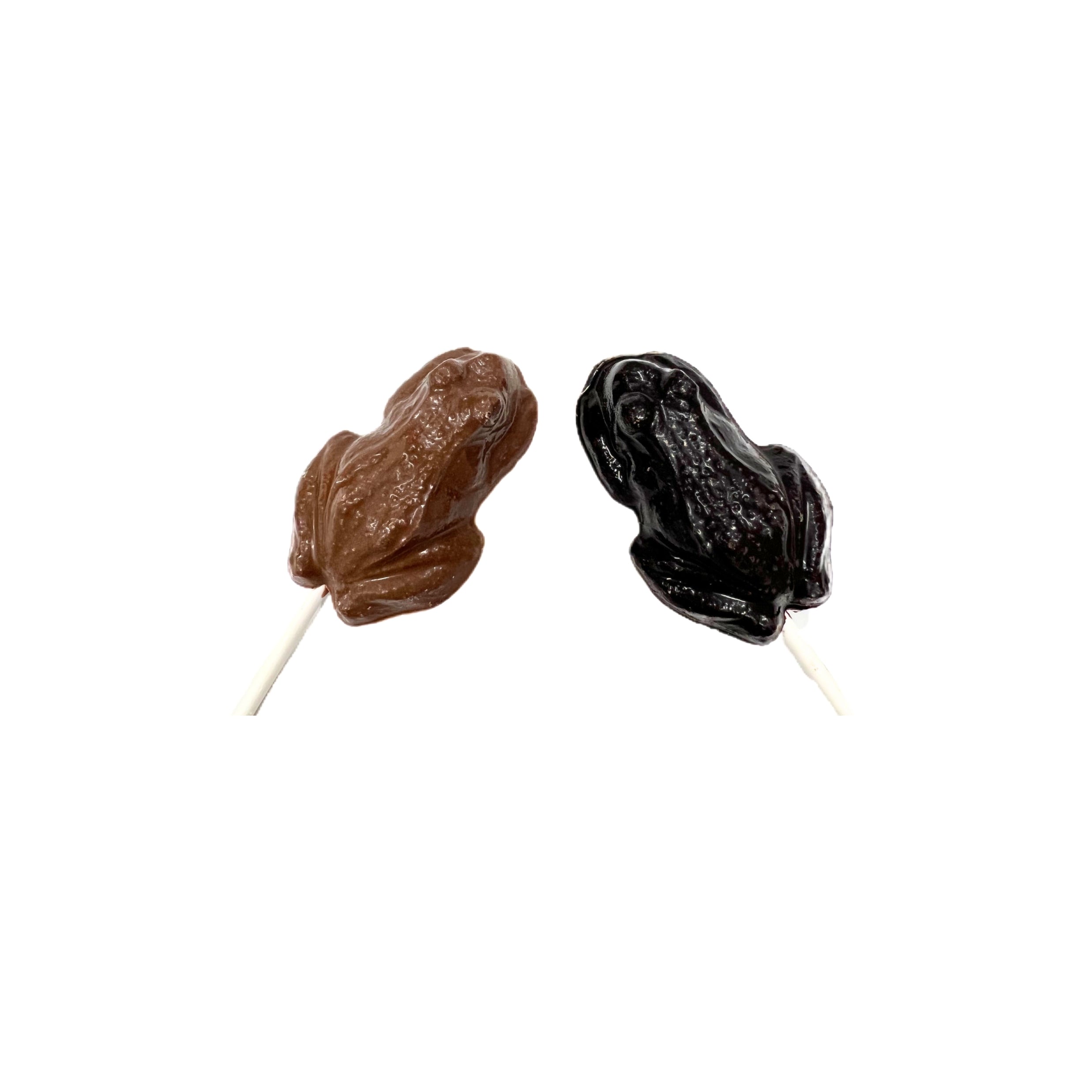 Two chocolate frogs on sticks against a white background