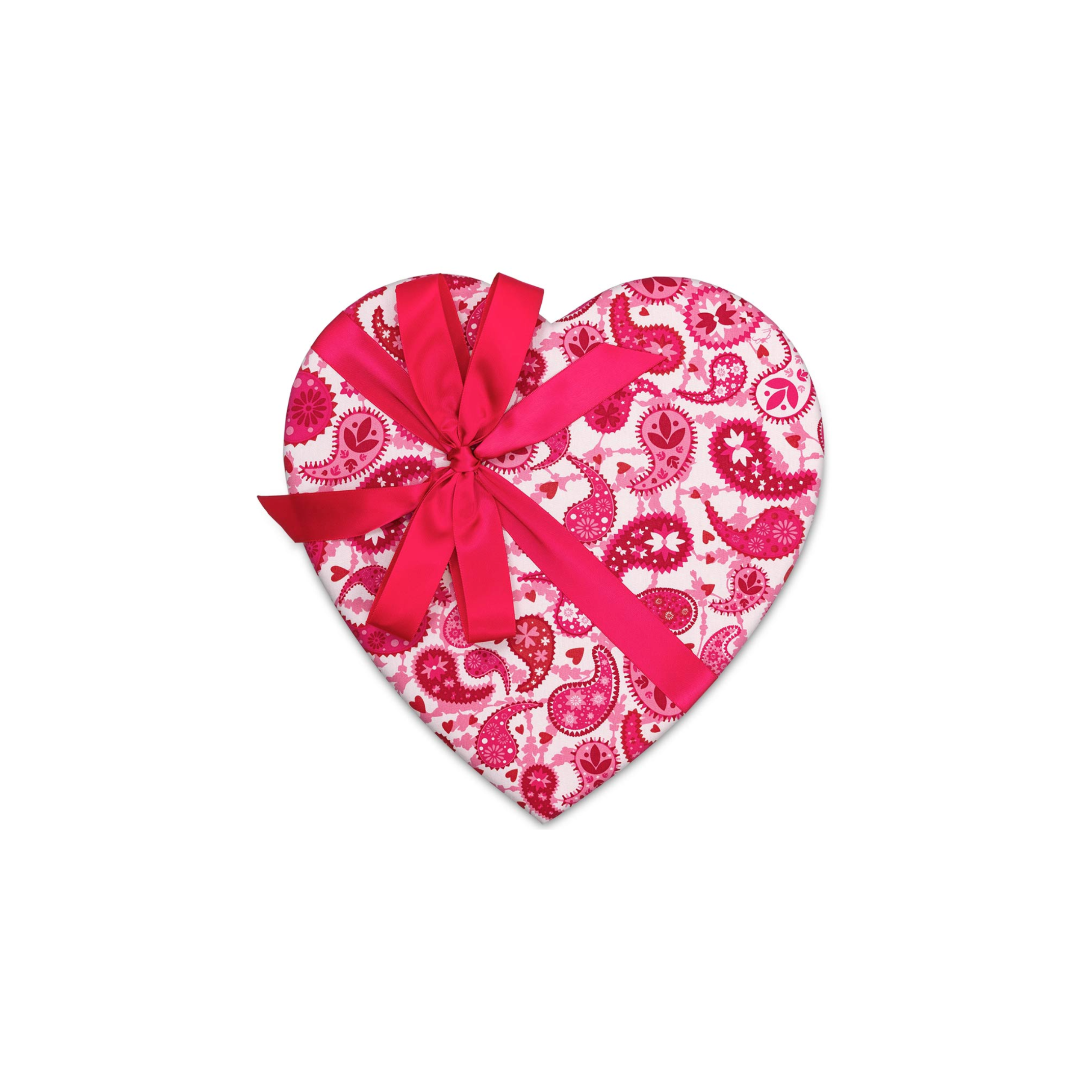 Heart-shaped gift box with pink paisley pattern and a red ribbon on a white background