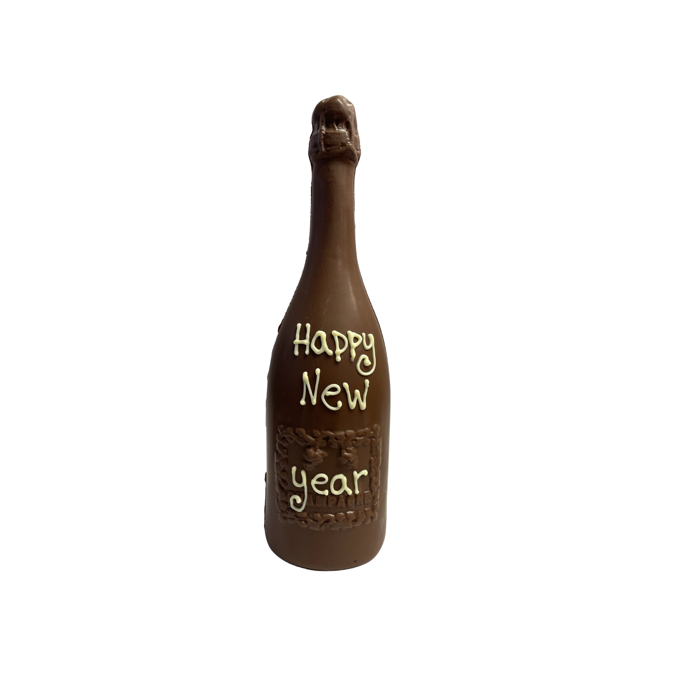 Chocolate bottle with 'Happy New Year' text on a white background