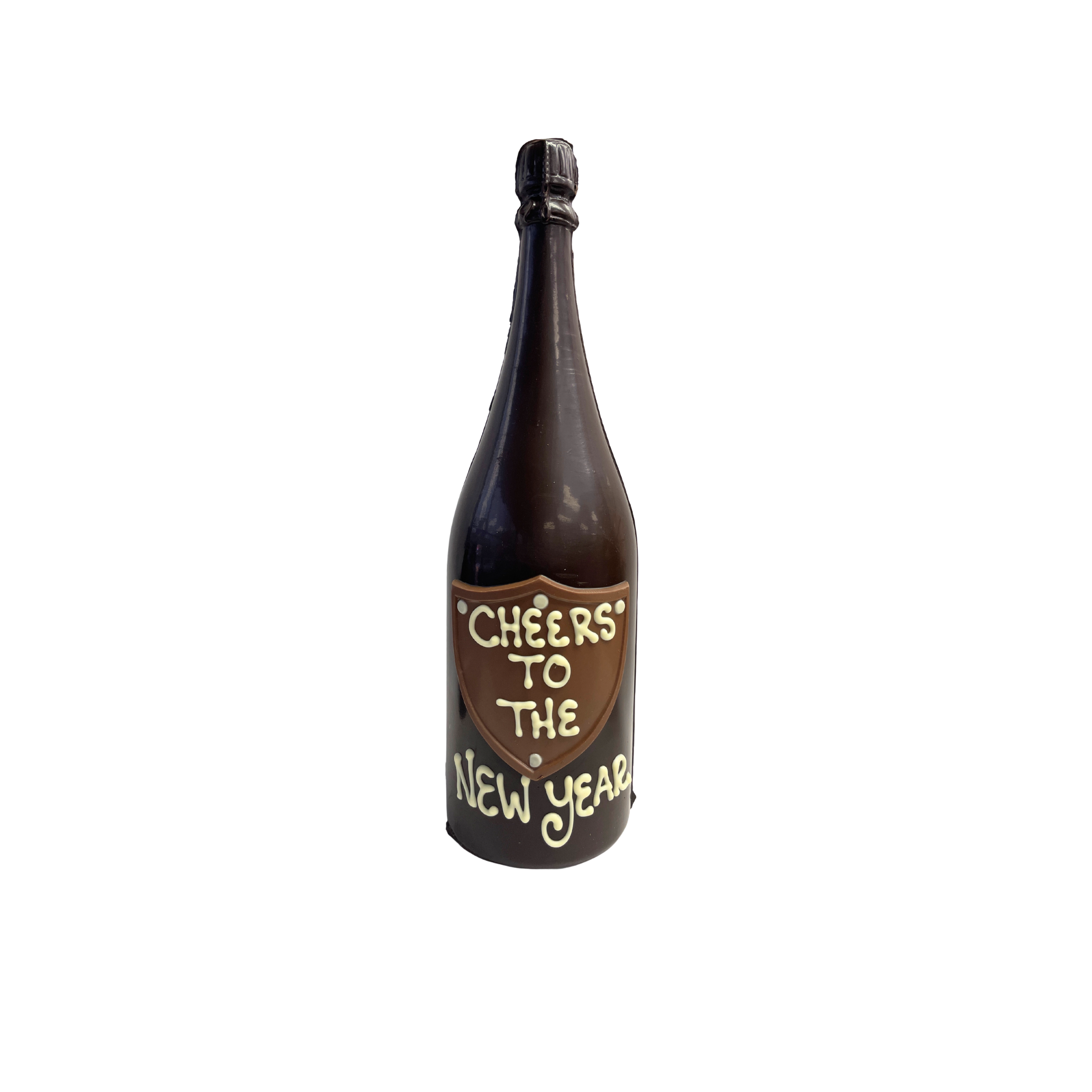 Chocolate bottle with 'Cheers to the New Year' text on a white background