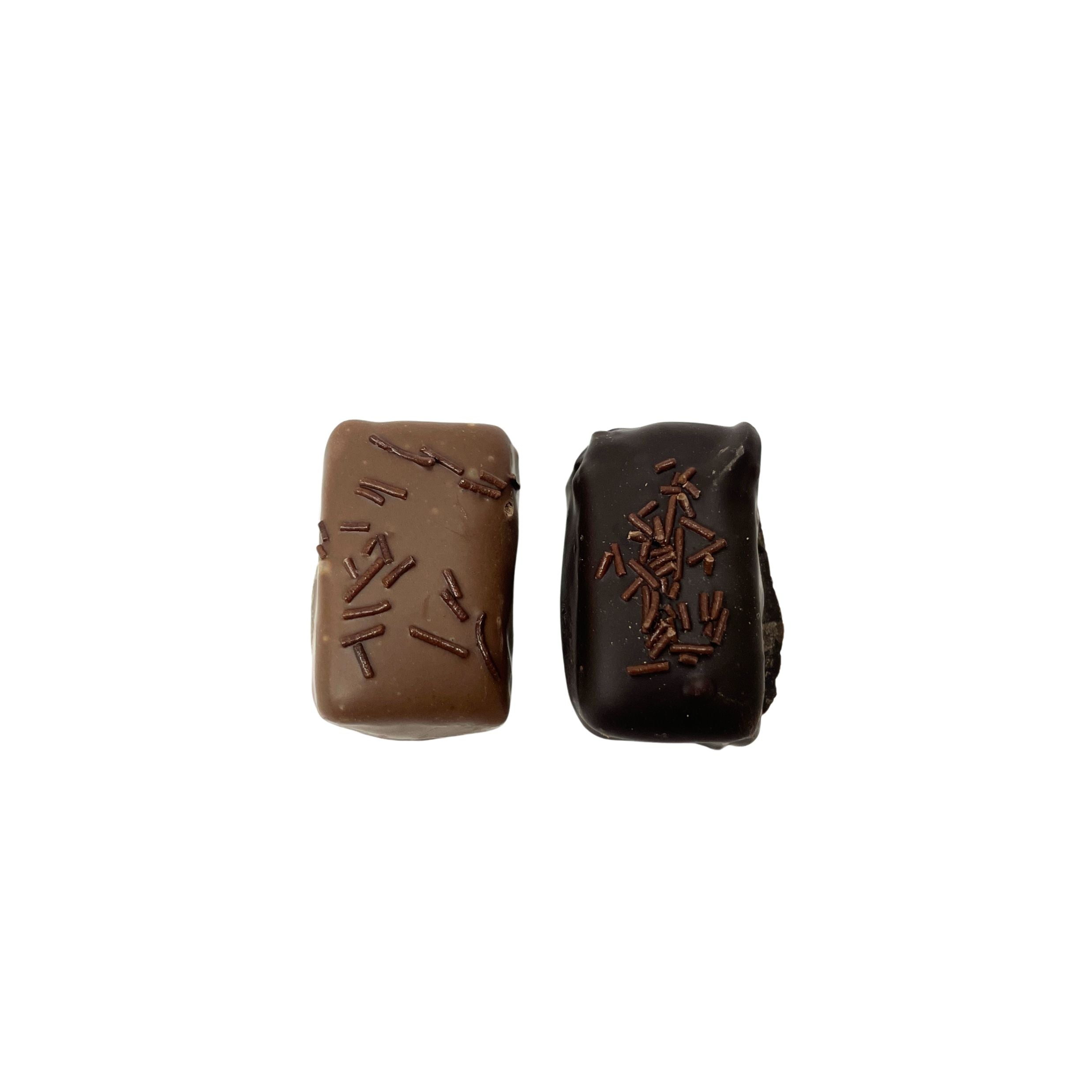 Two chocolate-covered candy pieces with embedded sprinkles, one in milk chocolate brown and one in dark chocolate brown, shown on a plain white background.