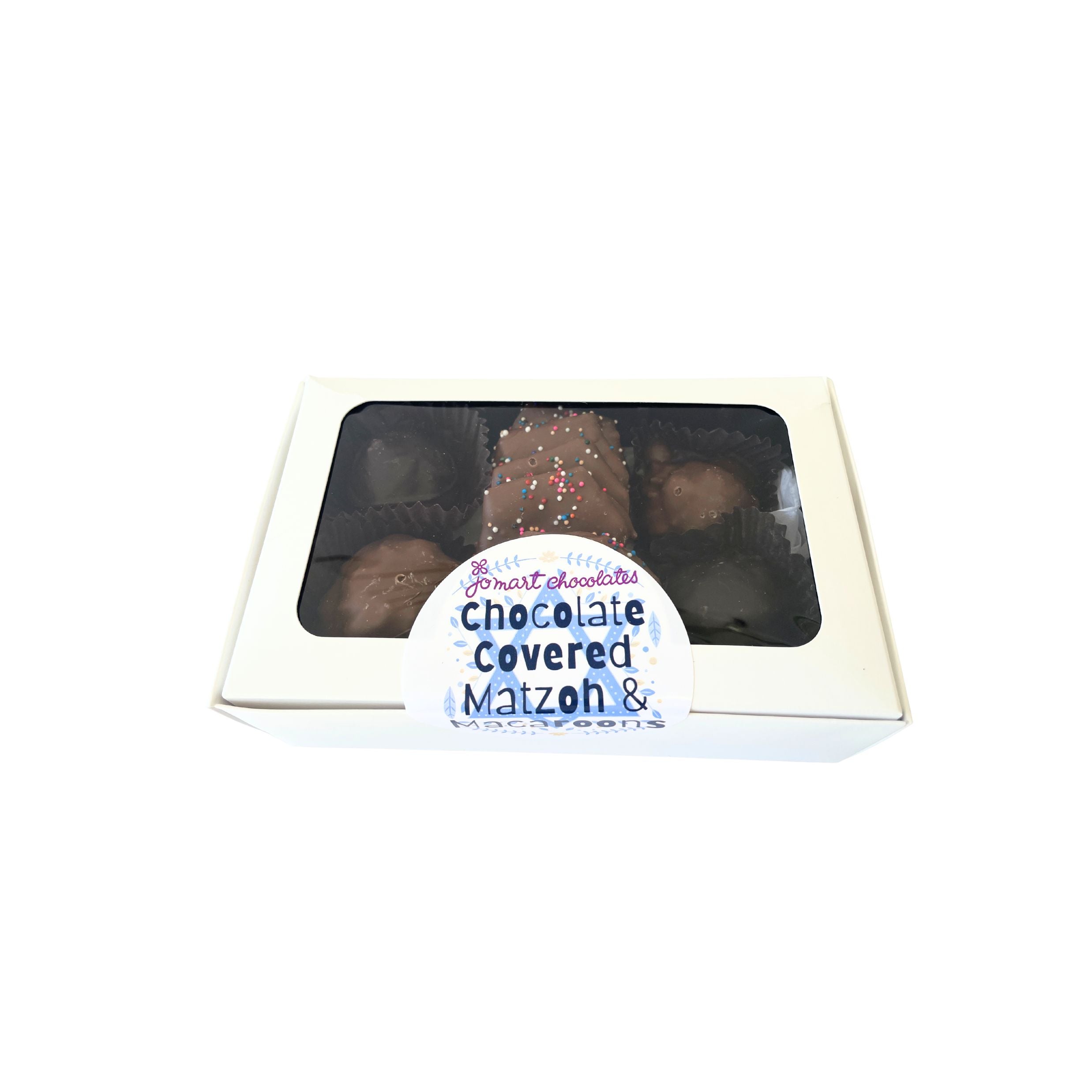 Box of chocolate-covered matzoh with a label on a white background