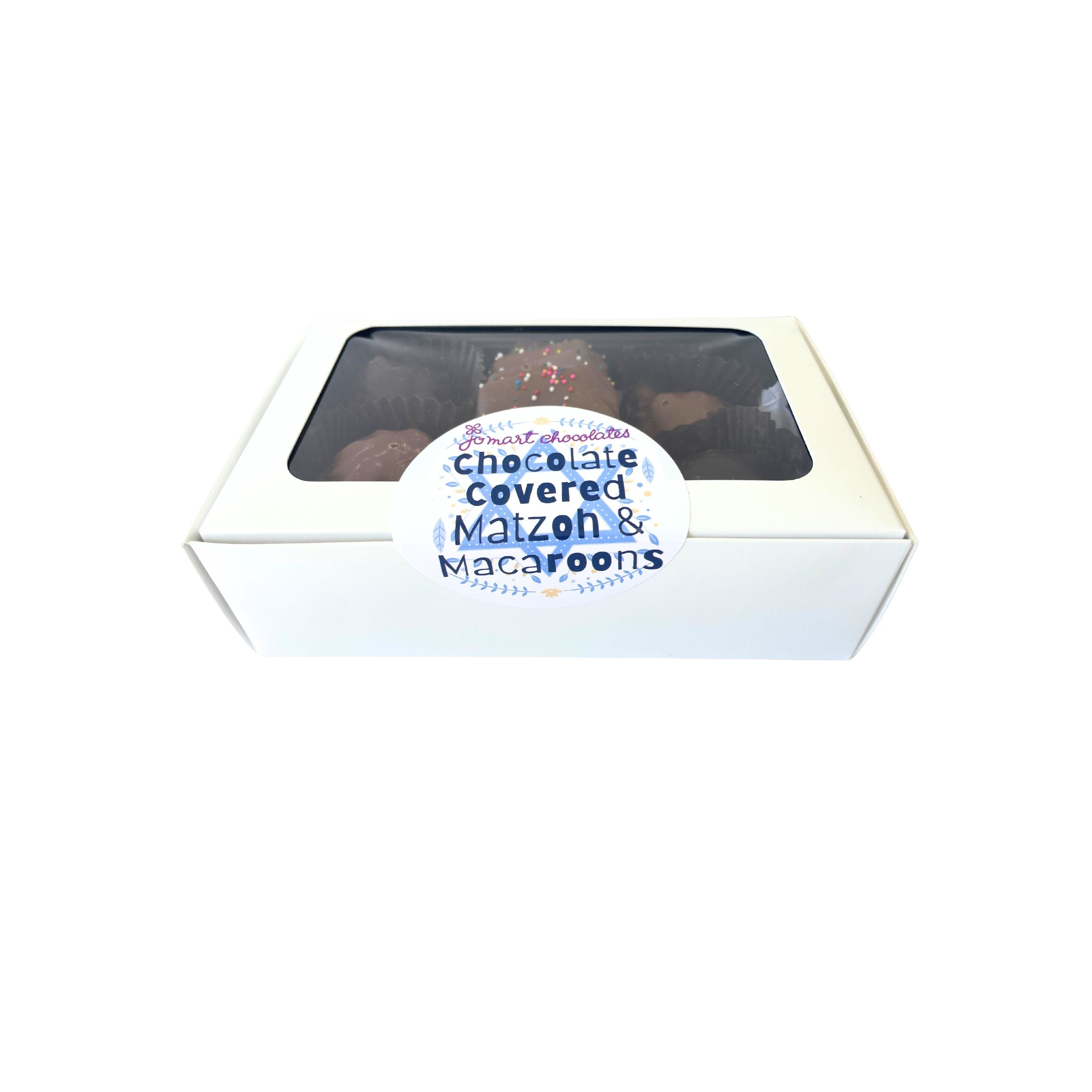 Box of chocolate-covered matzah and macaroons with a clear window on a white background