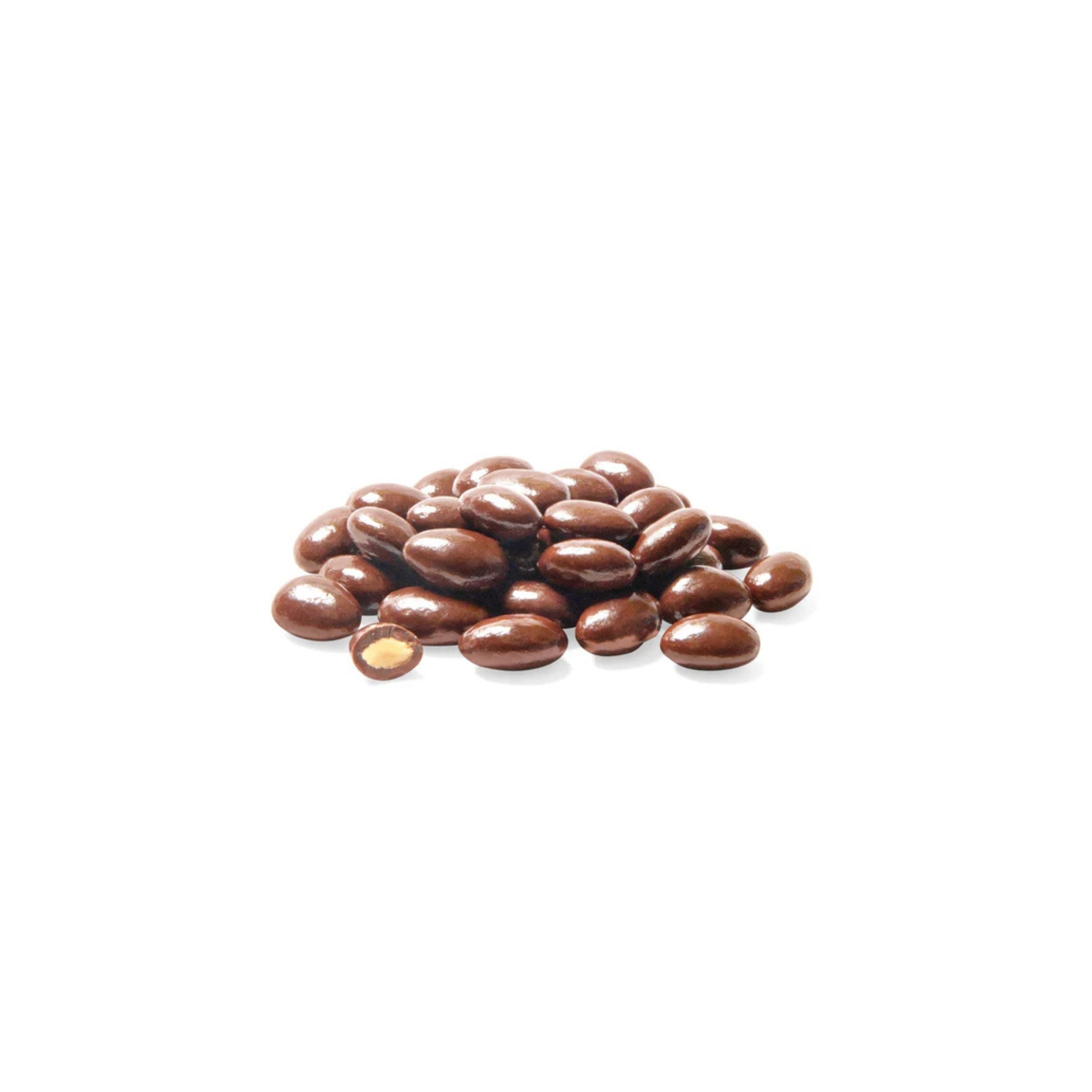 Chocolate-covered almonds on a white background