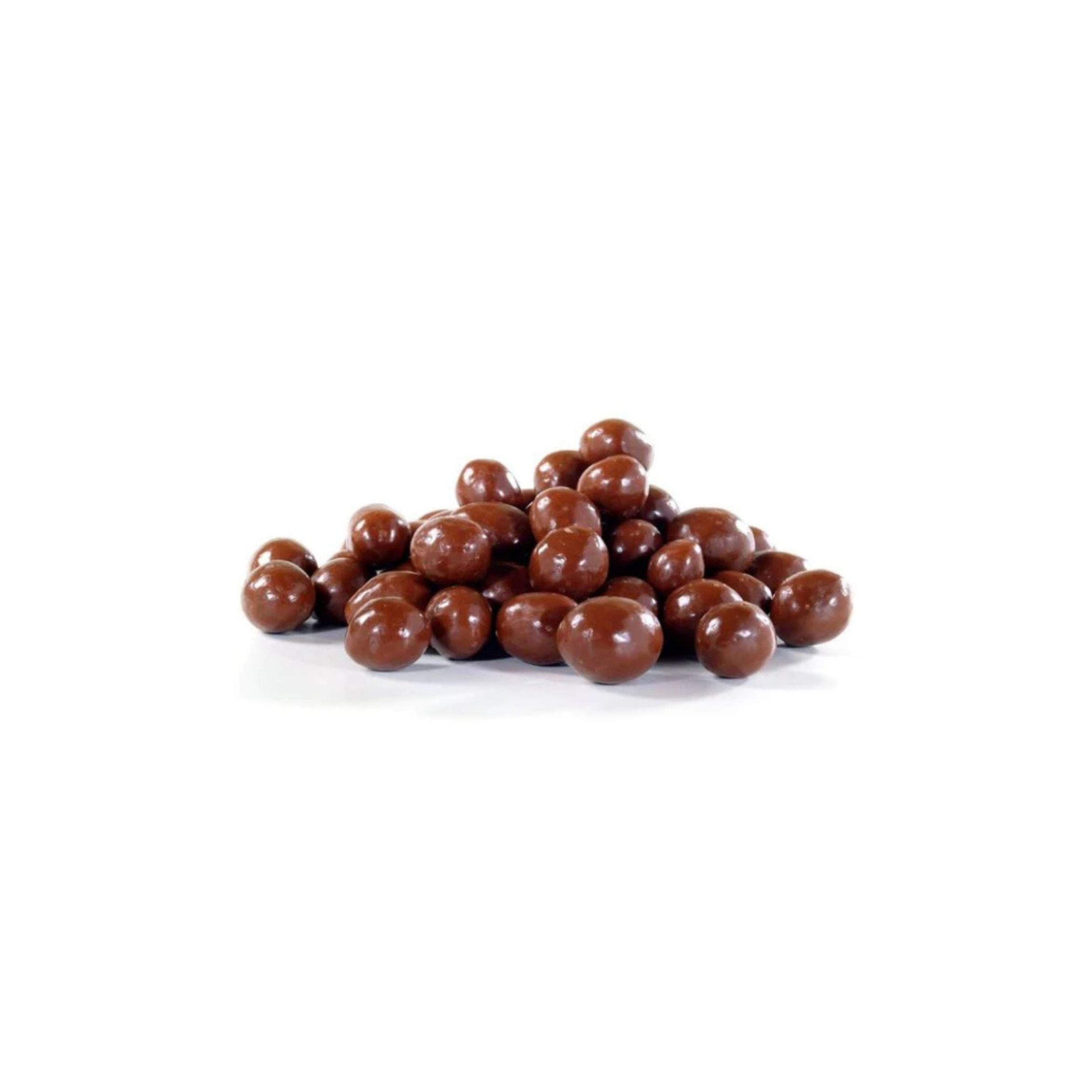 Chocolate-covered candies on a white background
