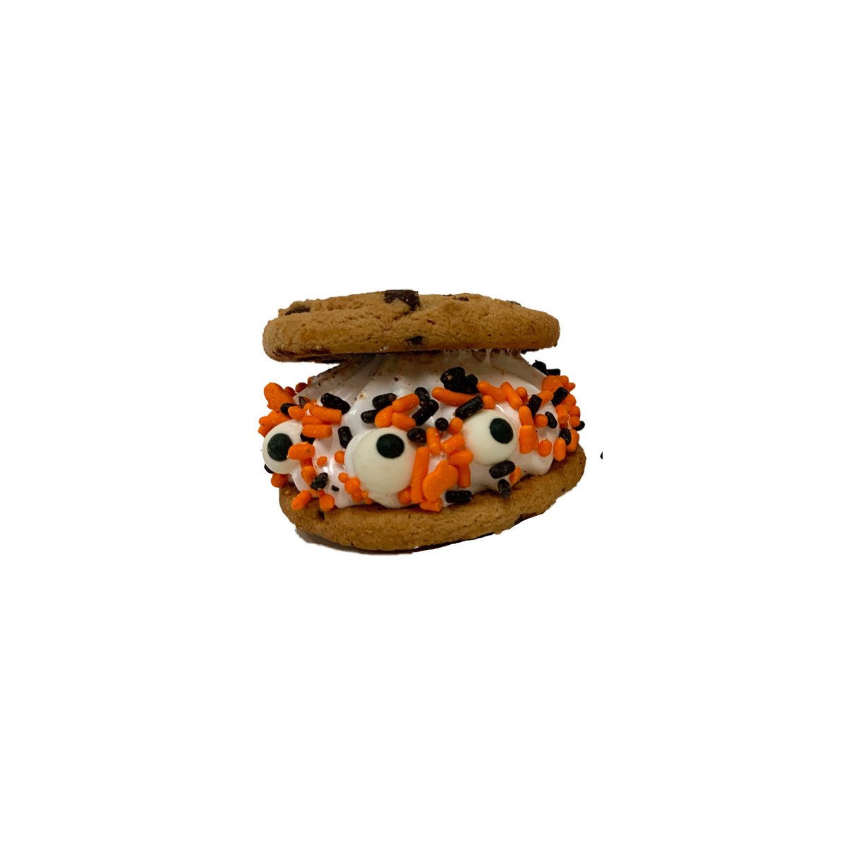 vanilla marshmallow with orange and black sprinkles and sugar eyes between two chocolate chip cookies