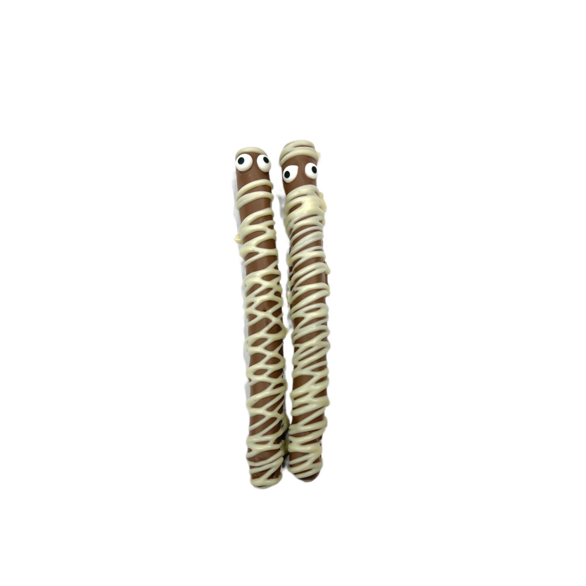two milk and white chocolate covered pretzel rods with white sugar eyes
