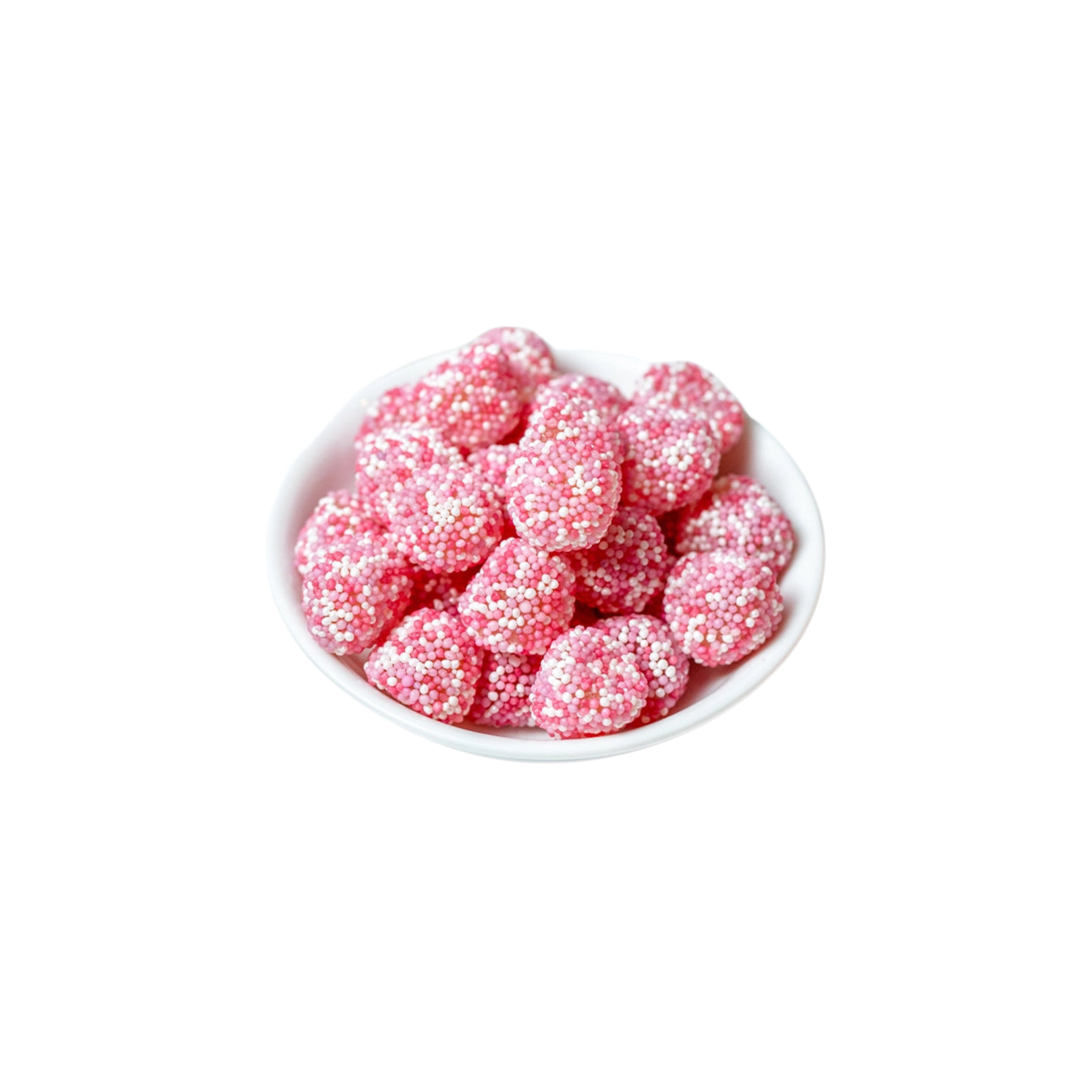 White bowl filled with pink gummy candies on a white background