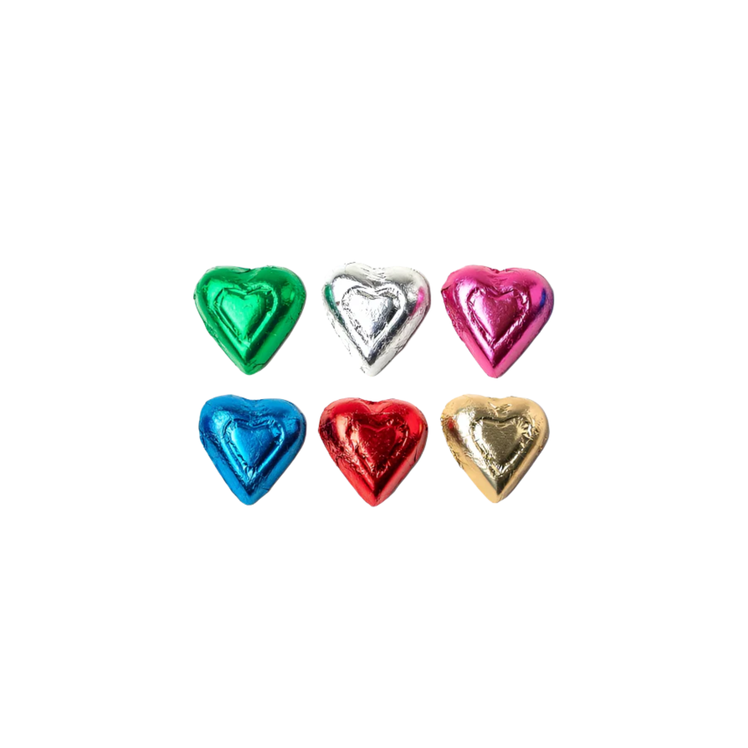 Set of colorful heart-shaped chocolate candies on a white background