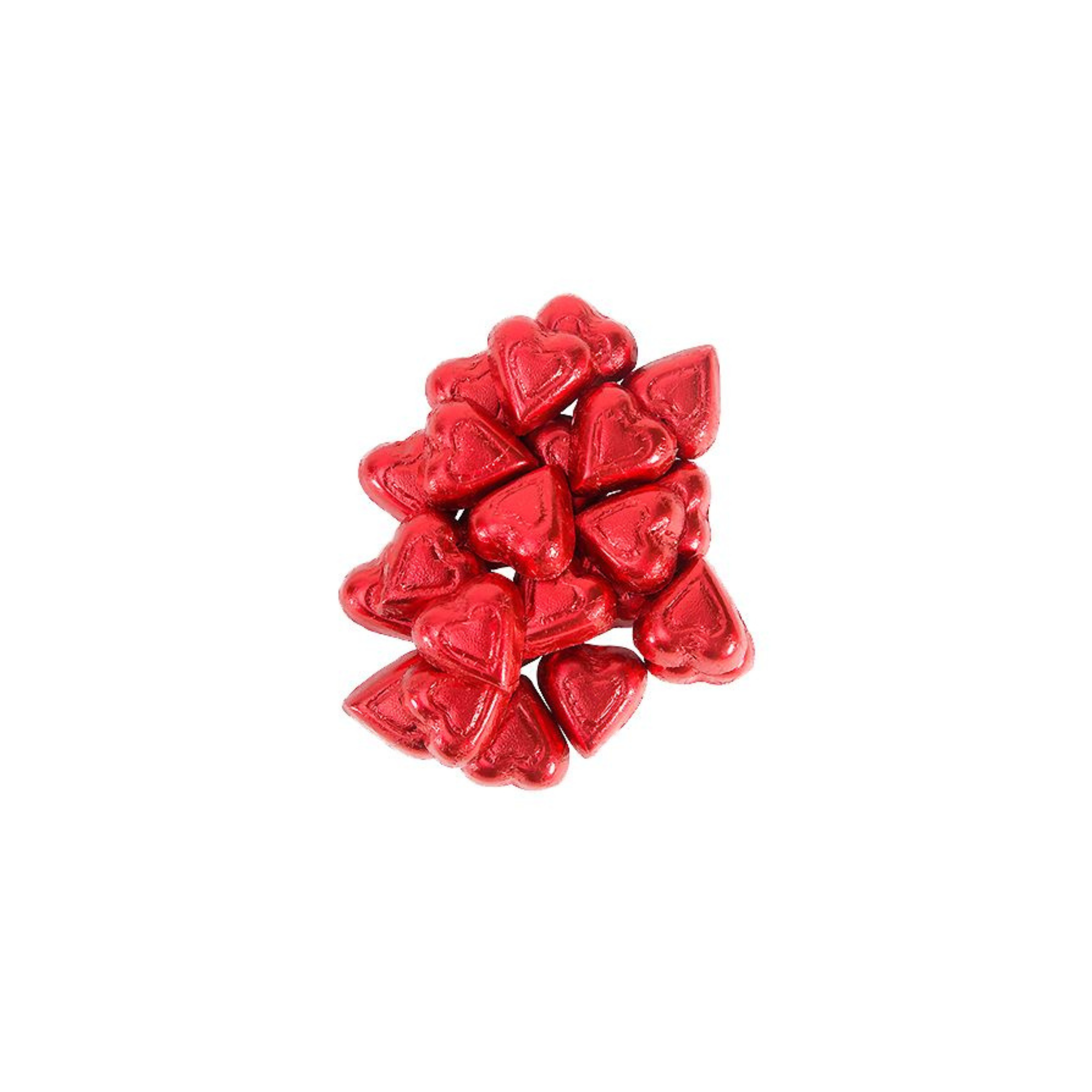 Red heart-shaped candies on a white background
