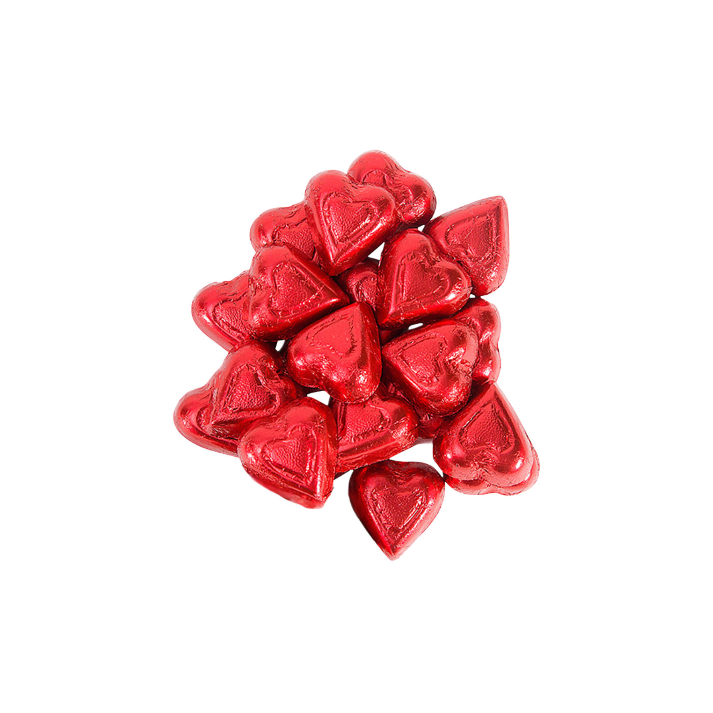 Red heart-shaped candies on a white background