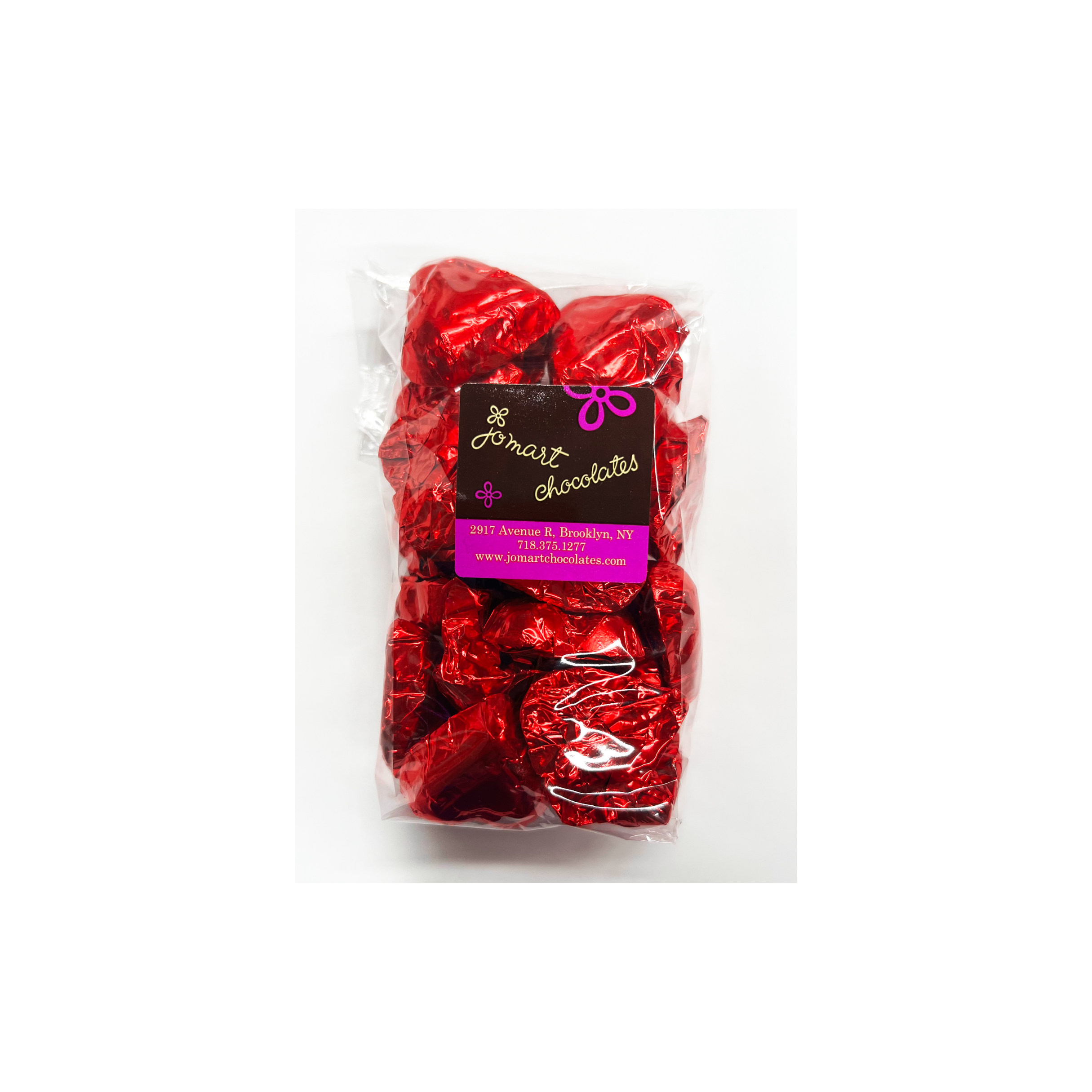 Packaged red chocolates with a visible brand label on a white background