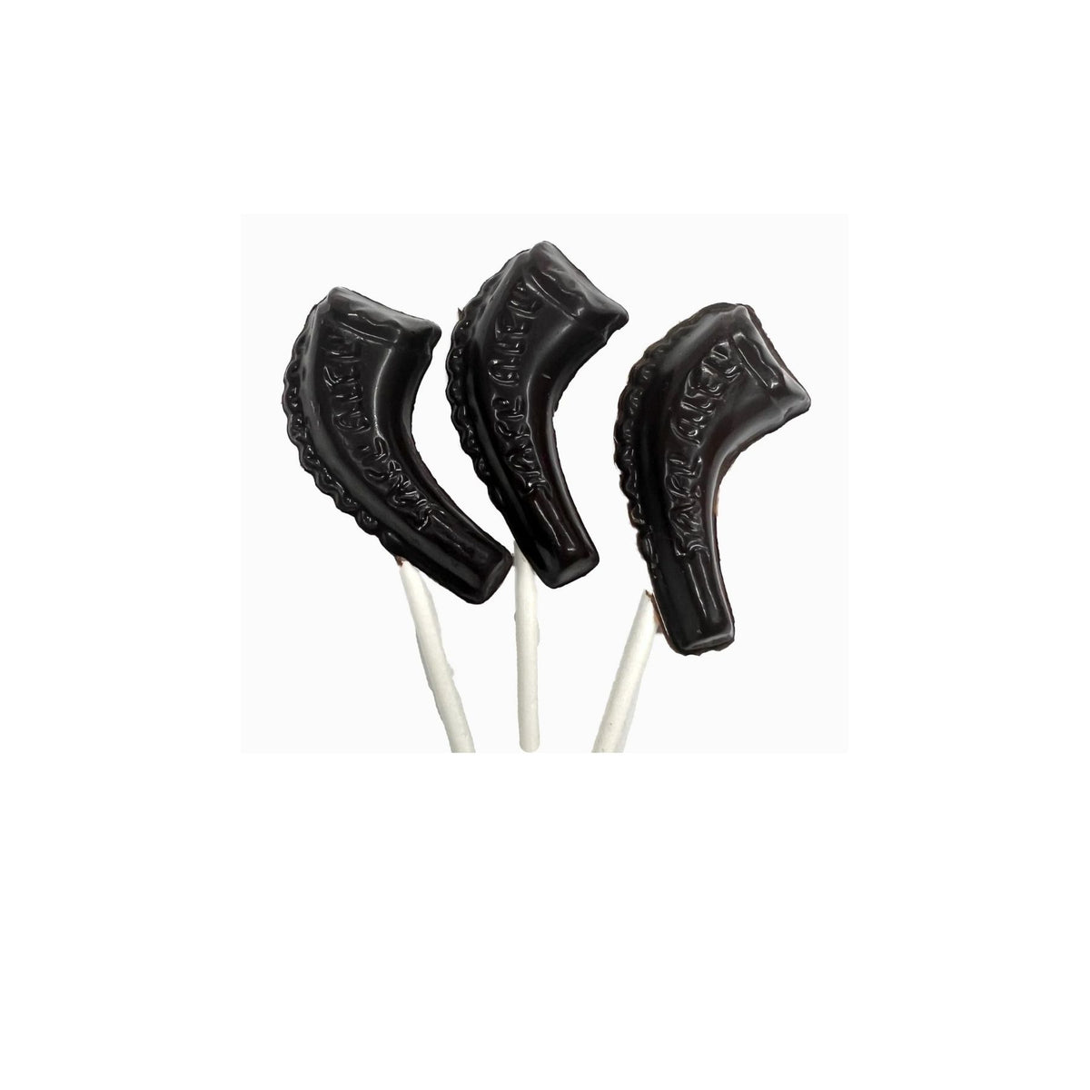 Three chocolate shofar shaped lollipops  on white sticks, set against a plain white background.
