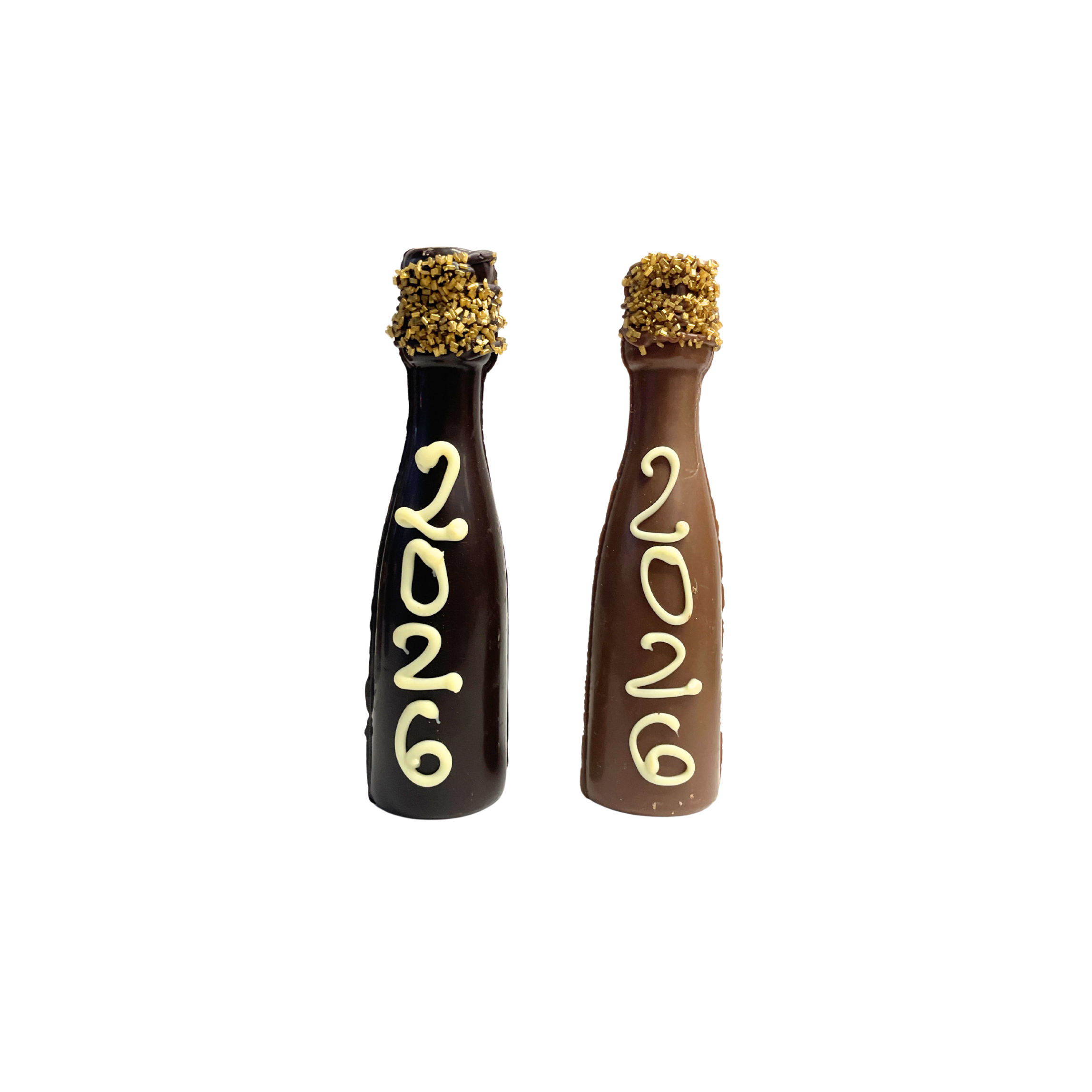 Two chocolate bottles with gold caps and '2026' writing on a white background