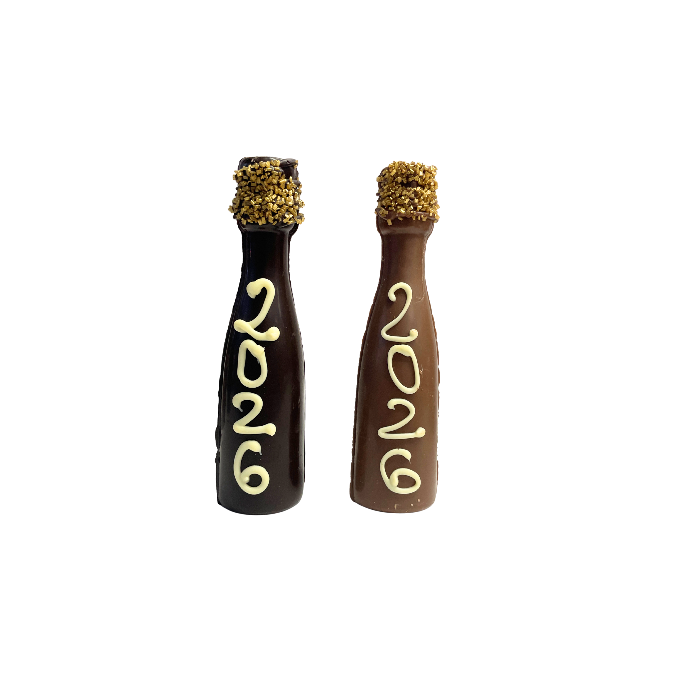 Two chocolate bottles with gold caps and '2026' writing on a white background