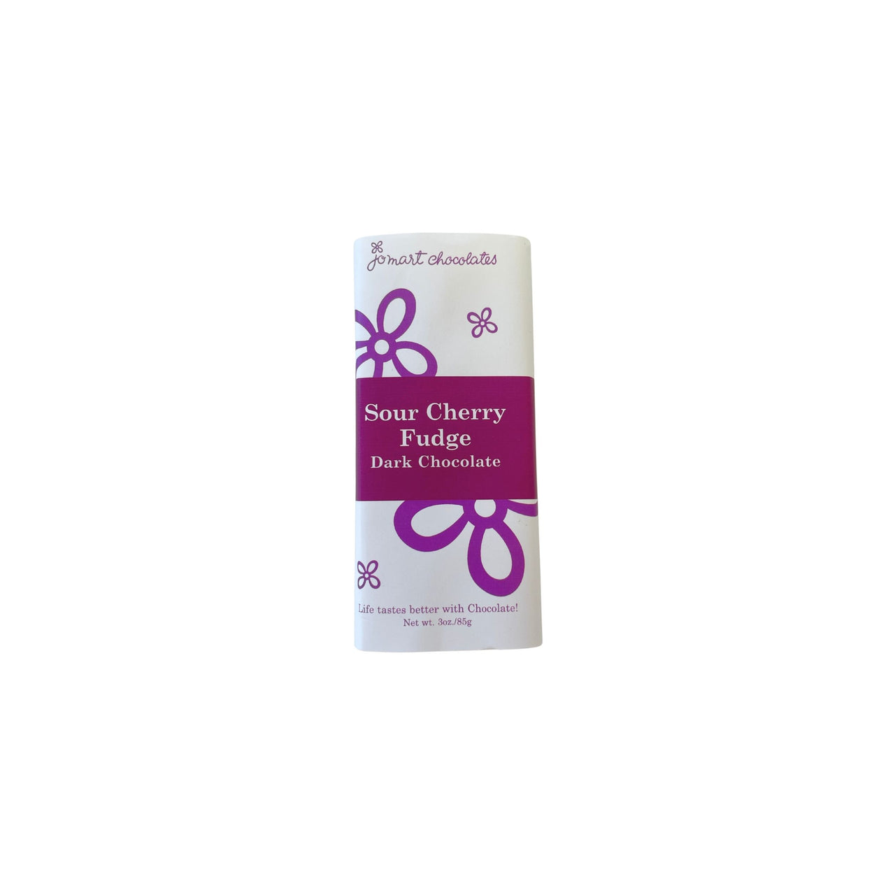 a wrapped chocolate bar with "sour cherry fudge dark chocolate" on a pink band on white paper