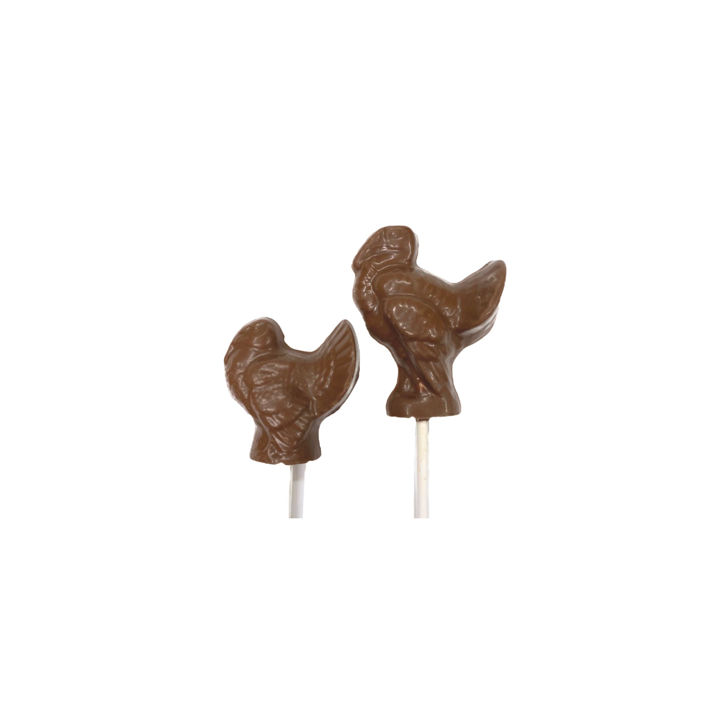 Two chocolate turkey lollipops on sticks against a white background