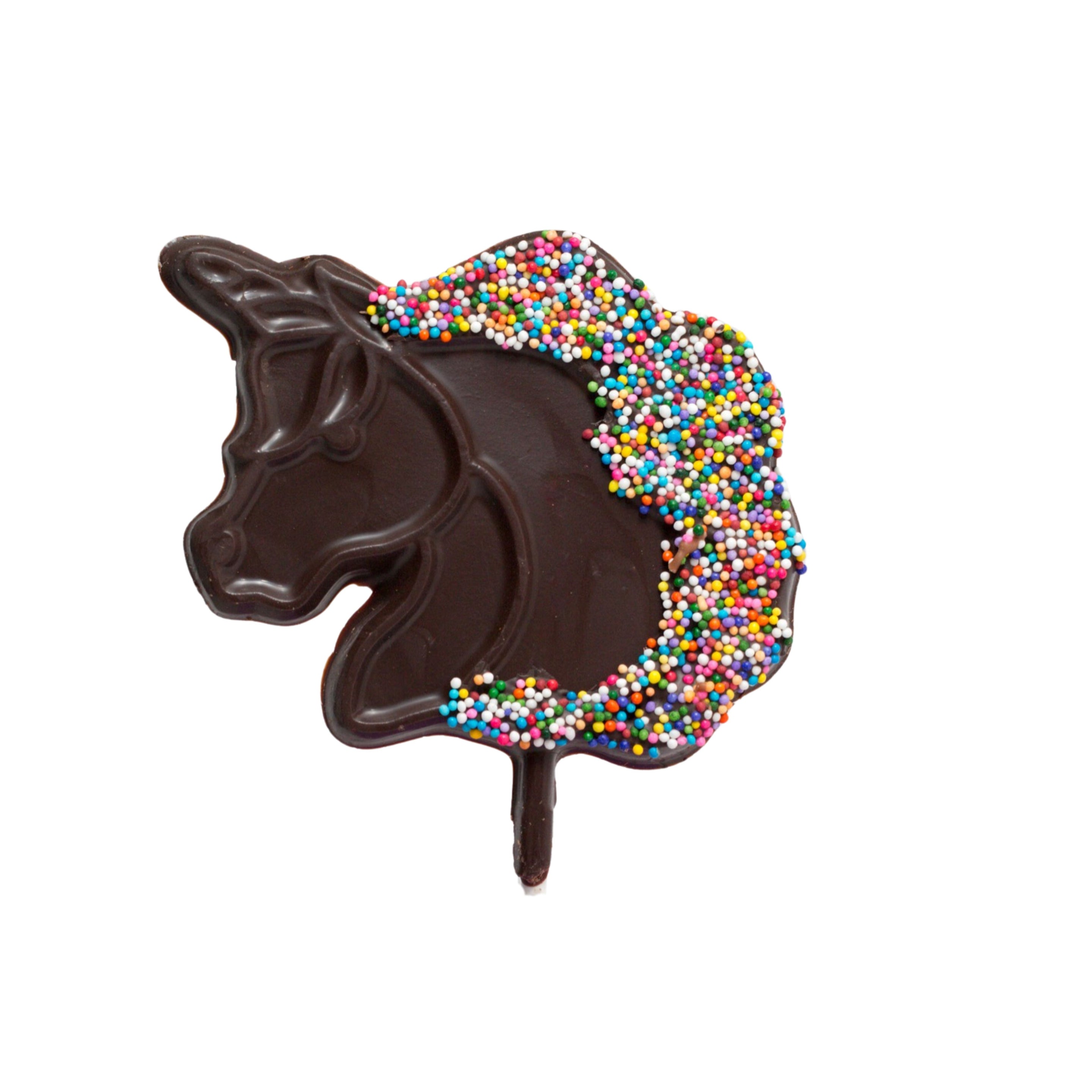 Chocolate unicorn with colorful sprinkles on a white background