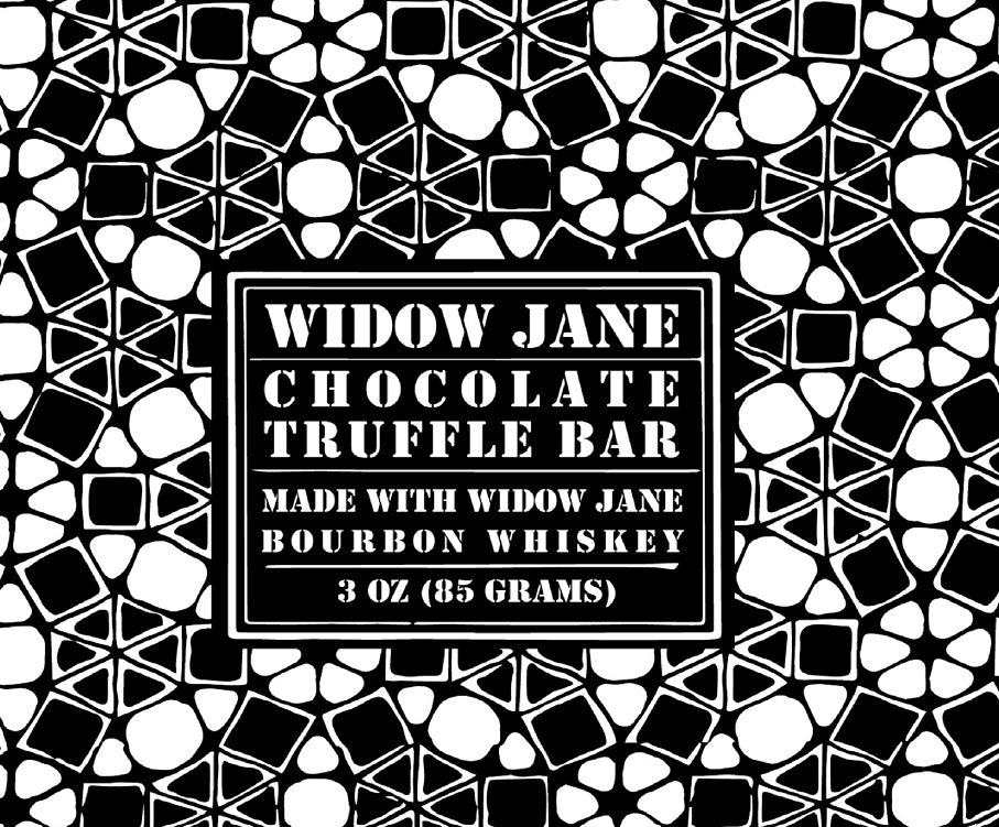 black and white design with "Widow Jane Chocolate Truffle Bar Made with Widow Jane Bourbon whiskey 3oz (85 grams)"
